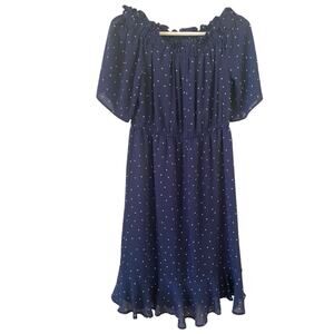 Elle Women’s Navy Dress with White‎ Polka Dots & Flounce Sleeves Size M Ruffles